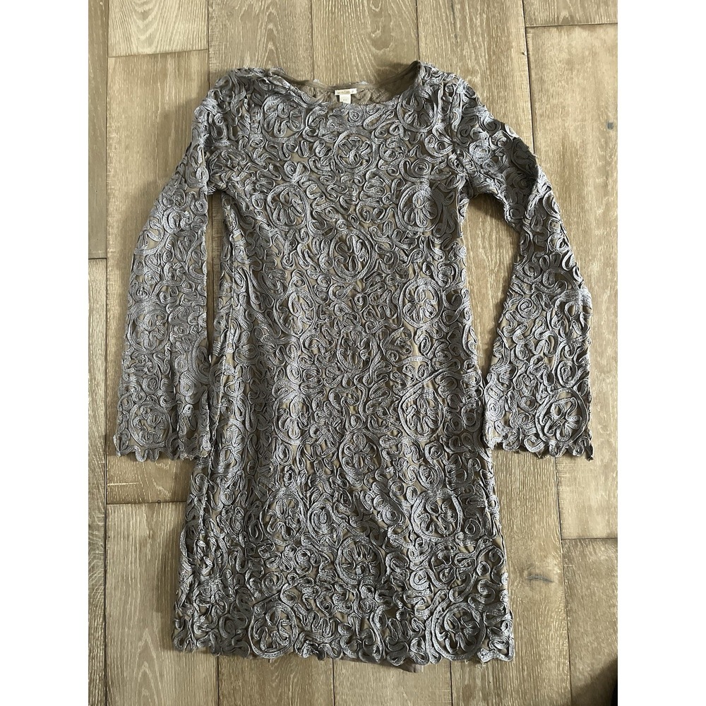 Sundance‎ Grey And Tan Pure Elegance Applique Shift Dress Mini PS